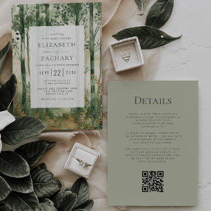 Invitation Mariage Code QR Bois Doré Vert Rustique