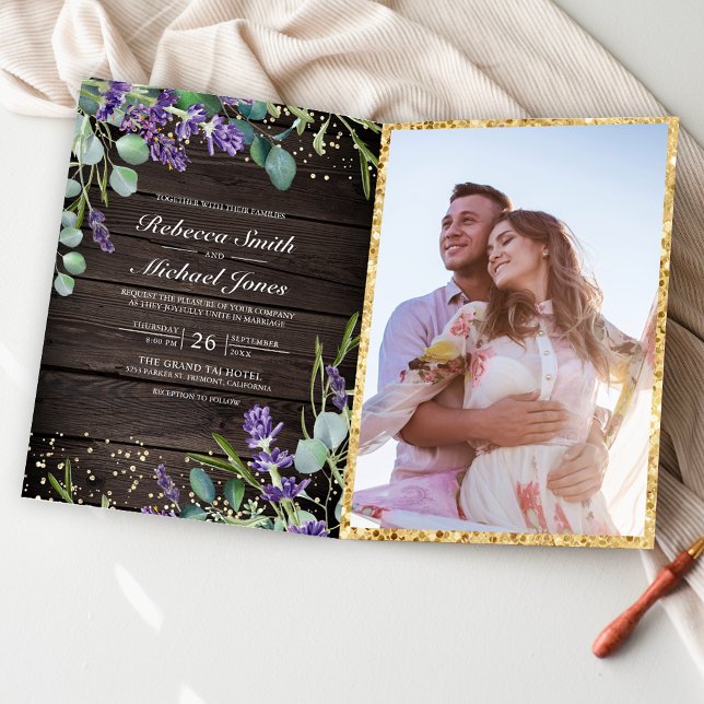 Invitation Mariage Code QR Bois Rustique Eucalyptus Lavande (Créateur téléchargé)