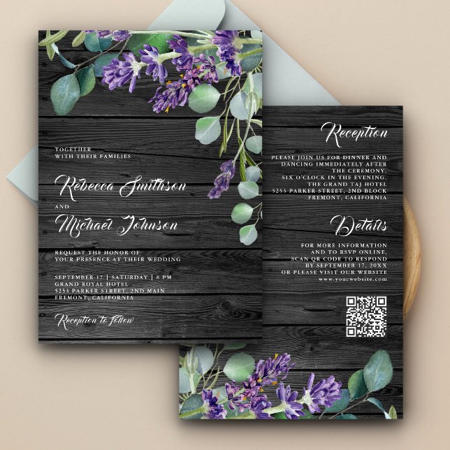 Invitation Mariage Code QR Bois Rustique Lavande Eucalyptus (Créateur téléchargé)