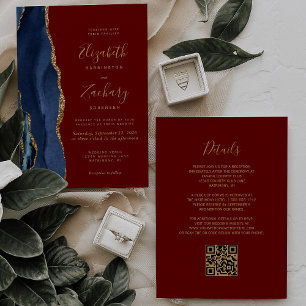 Invitation Mariage Code QR Bordeaux Agate Or Bleu Marine