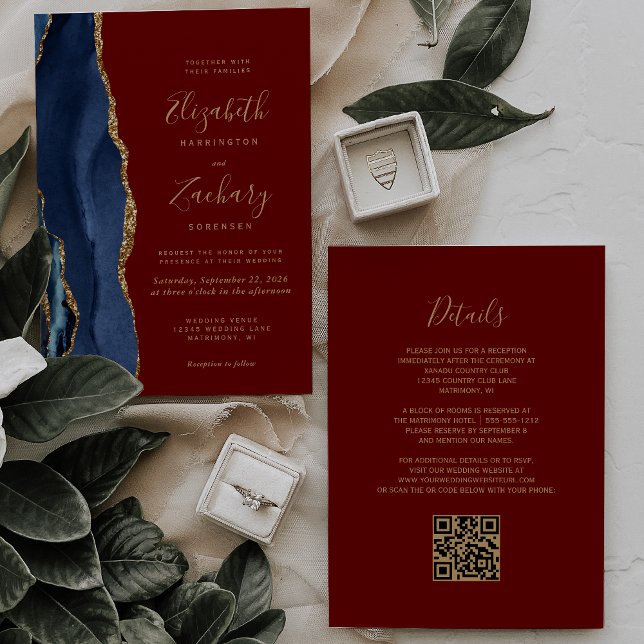 Invitation Mariage Code QR Bordeaux Agate Or Bleu Marine (Créateur téléchargé)