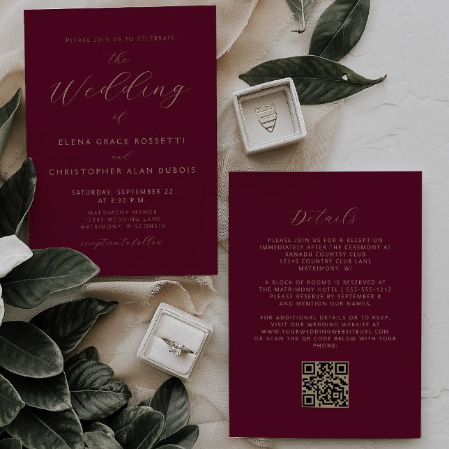 Invitation Mariage Code QR Bourgogne Écriture Dorée Moderne (Créateur téléchargé)