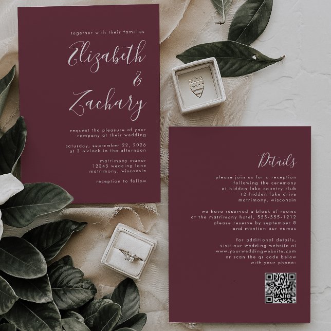 Invitation Mariage Code QR Bourgogne Script Moderne (Créateur téléchargé)
