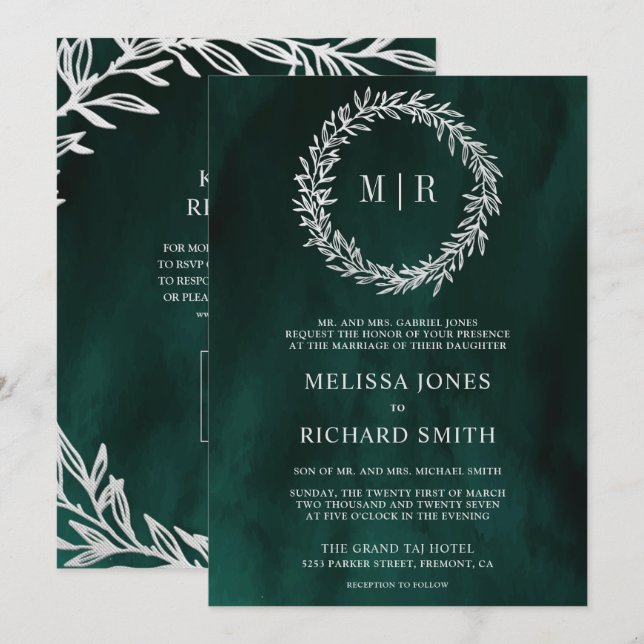 Invitation Mariage Code QR Branche de Feuille d'Argent Vert E (Devant / Derrière)