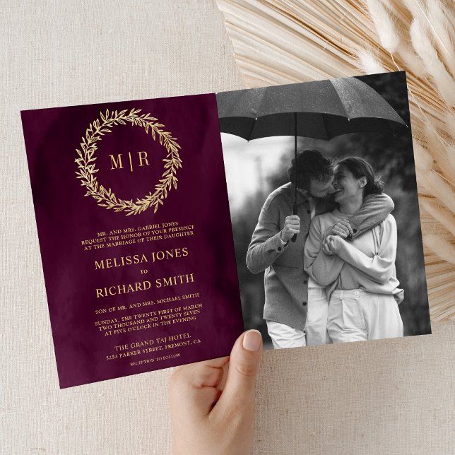 Invitation Mariage Code QR Branche de feuille d'or de prune (Créateur téléchargé)