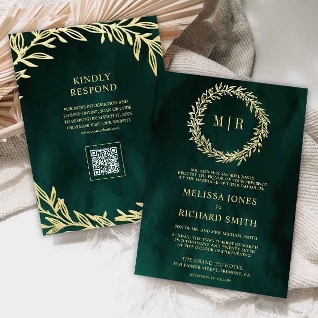 Invitation Mariage Code QR Branche de Feuille d'Or Vert Émera (Créateur téléchargé)