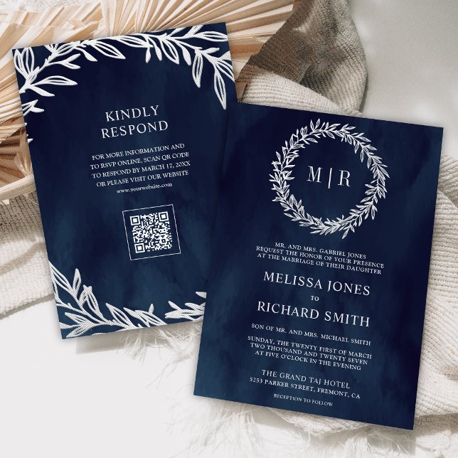 Invitation Mariage Code QR Branche Feuille Argent Bleu Marine (Créateur téléchargé)