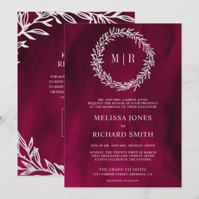 Invitation Mariage Code QR Branche Feuille Argent Rose Magent (Devant / Derrière)