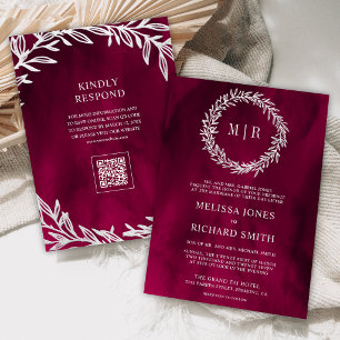 Invitation Mariage Code QR Branche Feuille Argent Rose Magent