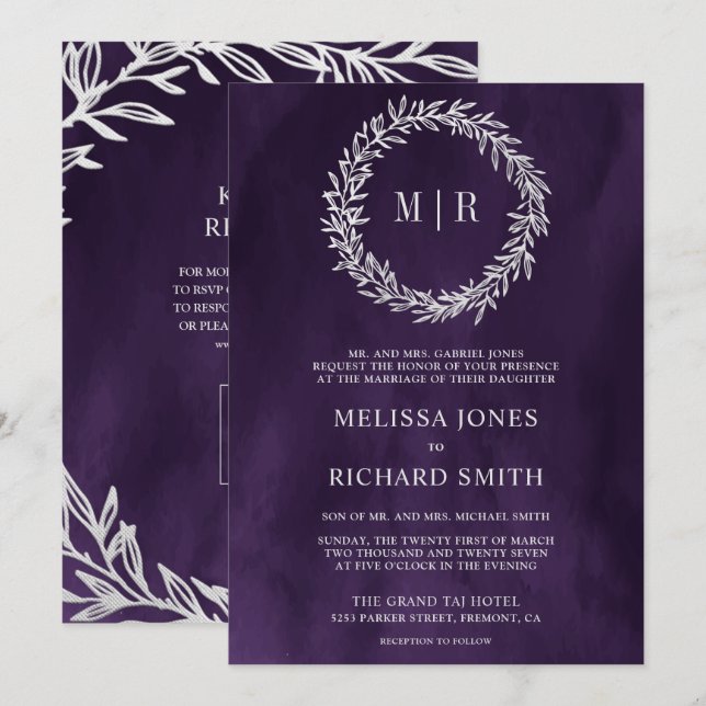 Invitation Mariage Code QR Branche Feuille Argent Violet Fonc (Devant / Derrière)