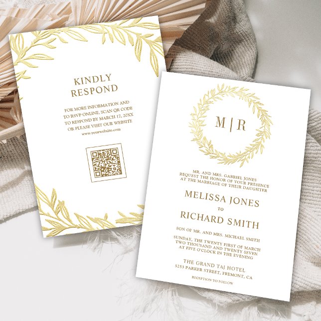 Invitation Mariage Code QR Branche Feuille d'Or Blanc (Créateur téléchargé)