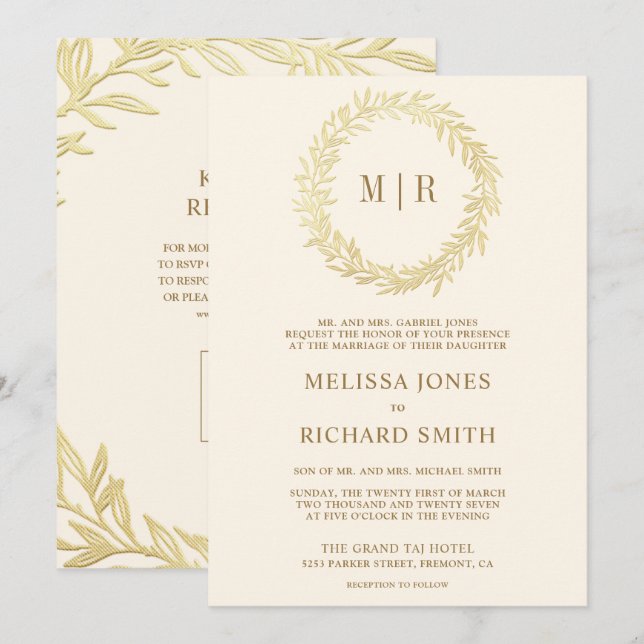 Invitation Mariage Code QR Branche Feuille d'Or Crème (Devant / Derrière)