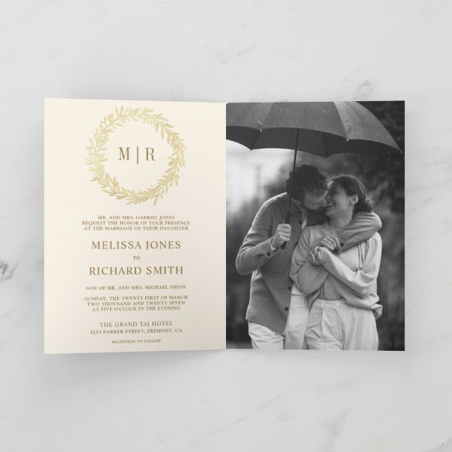 Invitation Mariage Code QR Branche Feuille d'Or Crème (Intérieur)