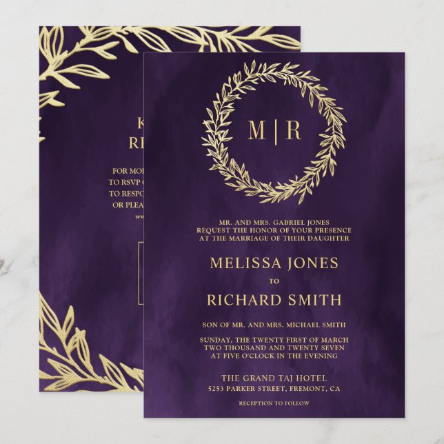 Invitation Mariage Code QR Branche Feuille d'Or Violet Foncé (Devant / Derrière)