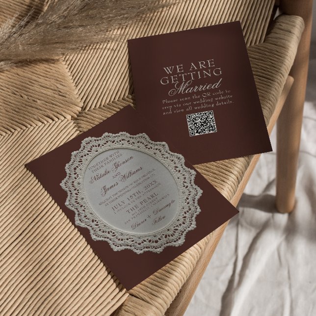 Invitation Mariage Code QR Broderie Anglaise Marron Chocolat  (Créateur téléchargé)