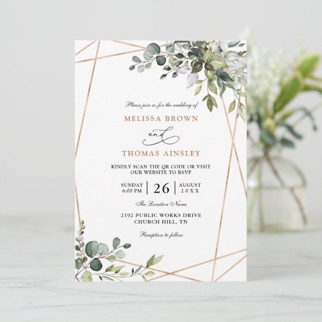 Invitation Mariage Code QR Budget Eucalyptus Végétal Rustique (Debout devant)