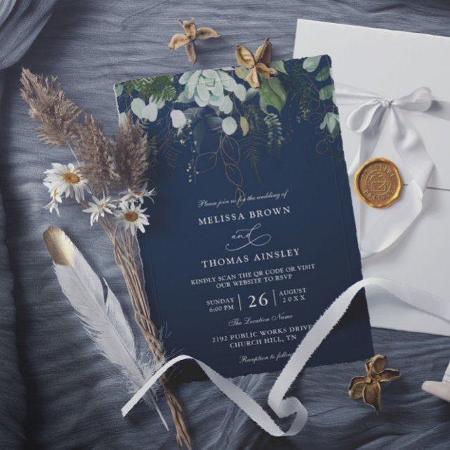 Invitation Mariage Code QR Budget Feuille d'Or Navy Vert (Créateur téléchargé)