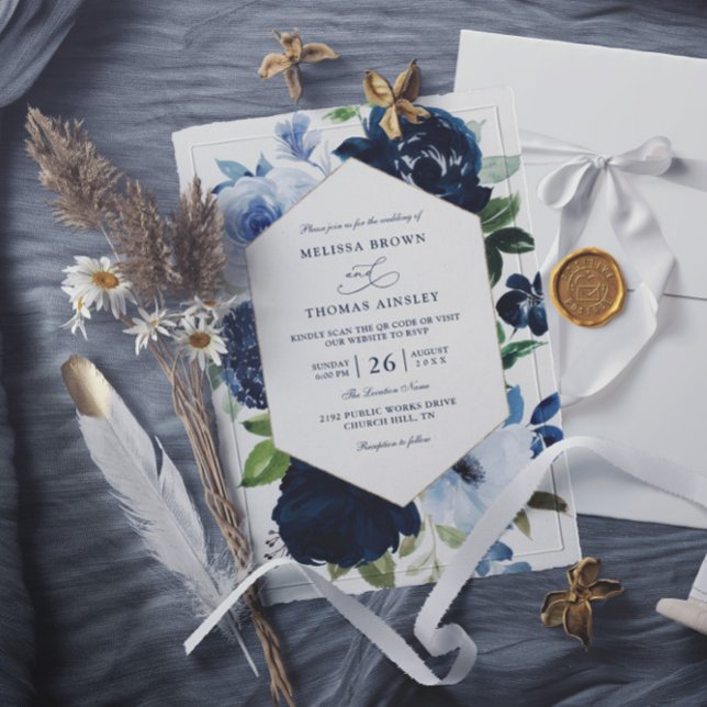Invitation Mariage Code QR Budget Fleurs Navy Modernes (Créateur téléchargé)