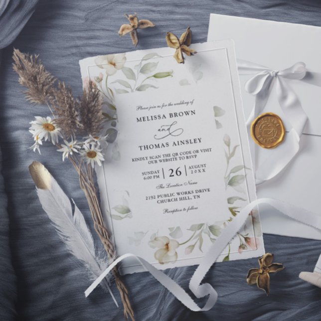 Invitation Mariage Code QR Budget Floral Élégant Sauge Rouge (Créateur téléchargé)