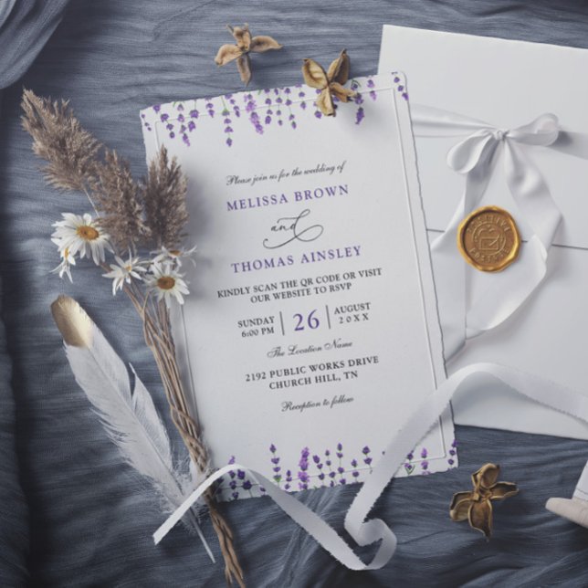 Invitation Mariage code QR budget floral lavande pourpre (Créateur téléchargé)