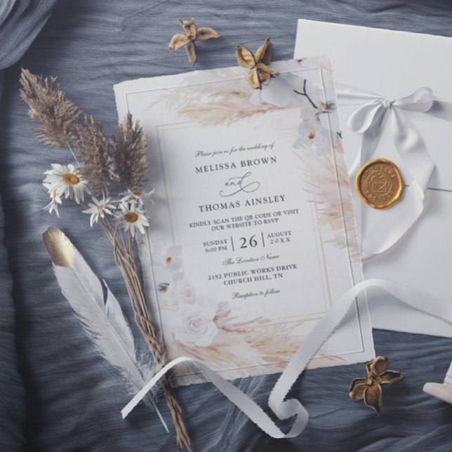 Invitation Mariage Code QR Budget Herbe de la Pampa Orchidées (Créateur téléchargé)