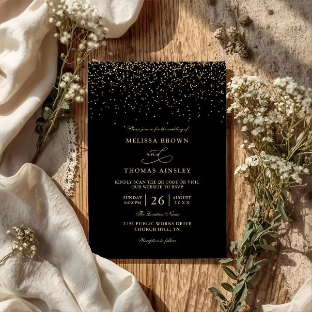 Invitation Mariage Code QR Budget Moderne Confettis Or Noir (Créateur téléchargé)
