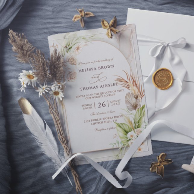 Invitation Mariage Code QR Budget Pampas Fleurs Bohème (Créateur téléchargé)