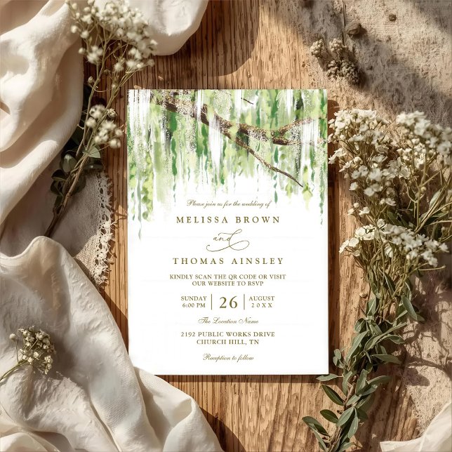 Invitation Mariage Code QR Budget Rustique Saule Pleureur Arb (Créateur téléchargé)
