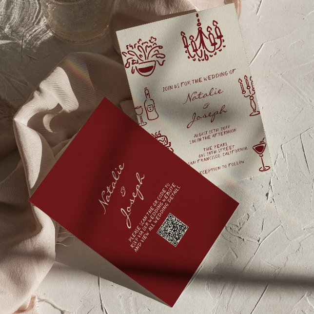 Invitation Mariage code QR Burgundy Dessiné à la Main Fantais (Créateur téléchargé)