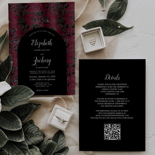 Invitation Mariage Code QR Burgundy Noir Damassé Atmosphériqu (Créateur téléchargé)