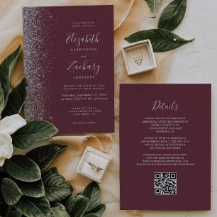 Invitation Mariage Code QR Burgundy Paillettes Argentées Mode