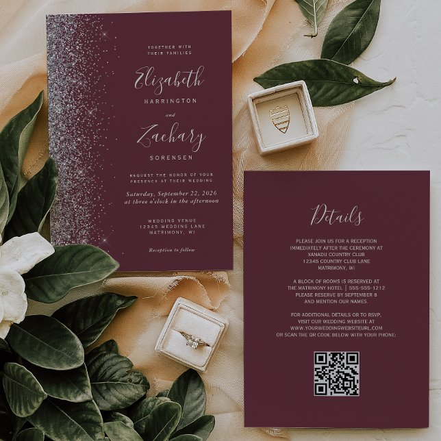 Invitation Mariage Code QR Burgundy Paillettes Argentées Mode (Créateur téléchargé)