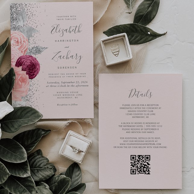Invitation Mariage Code QR Burgundy Rose Fleurie Argent (Créateur téléchargé)