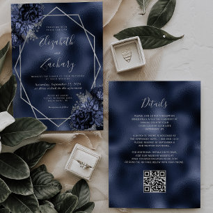 Invitation Mariage Code QR Cadre Argent Floral Bleu Marine