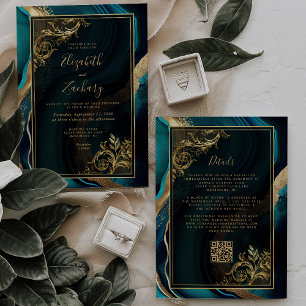 Invitation Mariage Code QR Cadre Luxe Agate Sarcelle Or