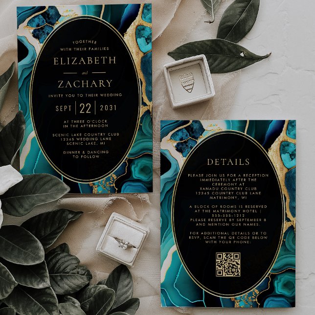 Invitation Mariage Code QR Cadre Ovale Or Agate Sarcelle (Créateur téléchargé)