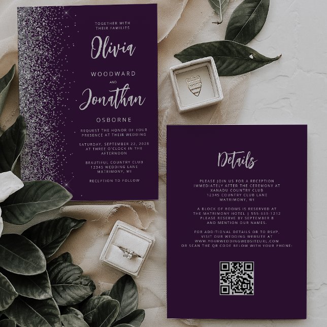 Invitation Mariage Code QR Calligraphie Paillettes Argent Vio (Créateur téléchargé)