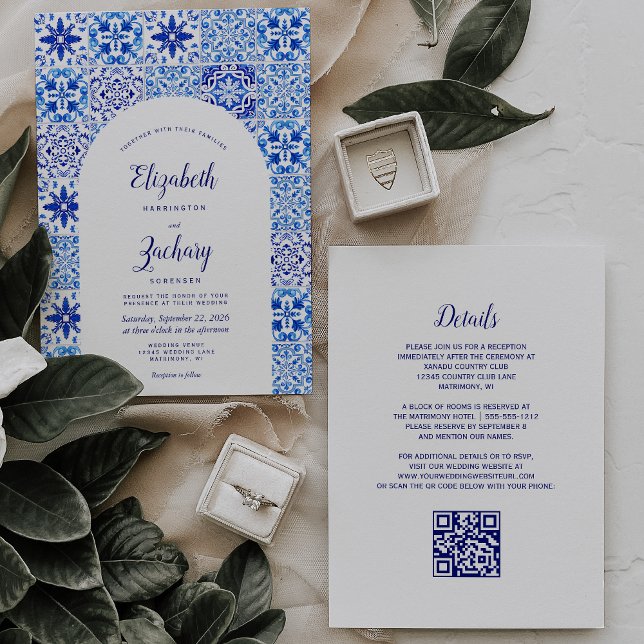 Invitation Mariage Code QR Carreau Portugais Arc Bleu Rustiqu (Créateur téléchargé)
