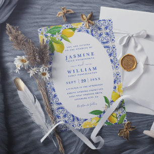 Invitation Mariage Code QR Carreaux Bleus Boho et Citrons
