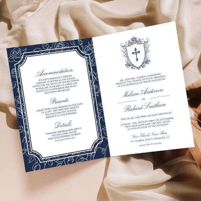 Invitation Mariage Code QR Catholique Bleu Navy Victorien (Créateur téléchargé)