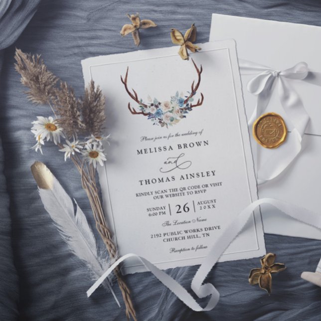 Invitation Mariage Code QR Cerf Floral Boho Rustique (Créateur téléchargé)
