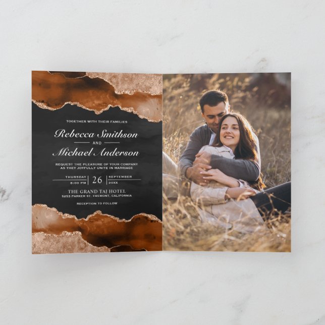 Invitation Mariage Code QR Charbon de Marbre Agate Orange Brû (Intérieur)