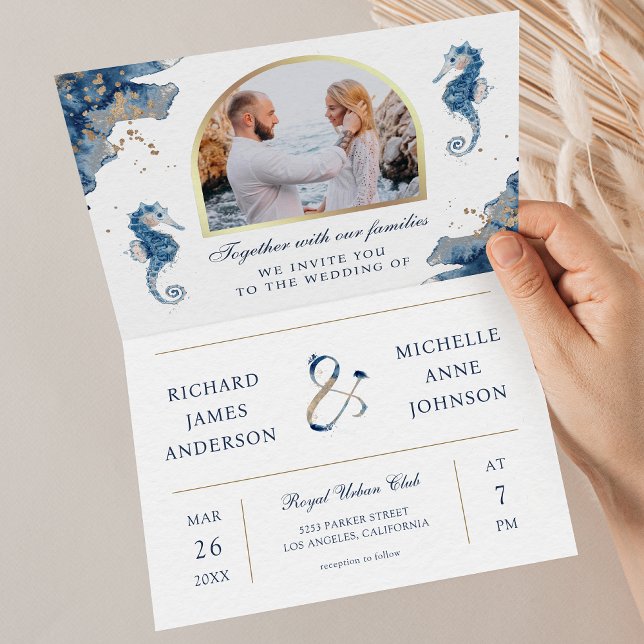 Invitation Mariage Code QR Cheval Marin Aquarelle Bleu Nautiq (Créateur téléchargé)