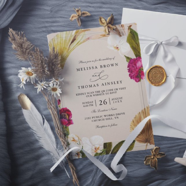 Invitation Mariage Code QR Chic Bohème Beige Neutre Vert Roug (Créateur téléchargé)