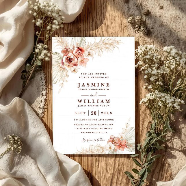 Invitation Mariage Code QR Chic Élégant Floral Boho Pampas (Créateur téléchargé)