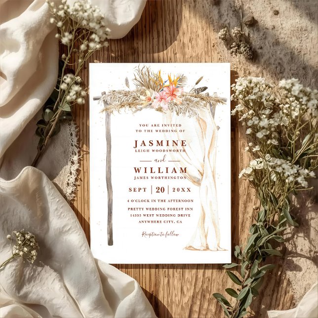 Invitation Mariage Code QR Chic Floral auvent Terracotta Bohè (Créateur téléchargé)