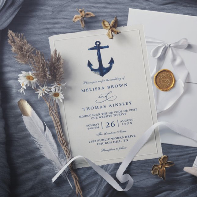 Invitation Mariage Code QR Chic Moderne Bleu Ancre Marine (Créateur téléchargé)