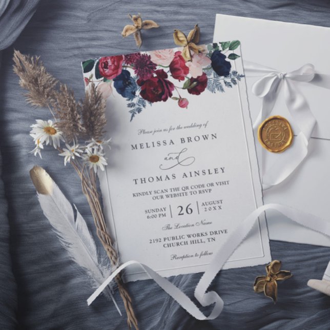 Invitation Mariage Code QR Chic Rustique Floral Bordeaux Mari (Créateur téléchargé)