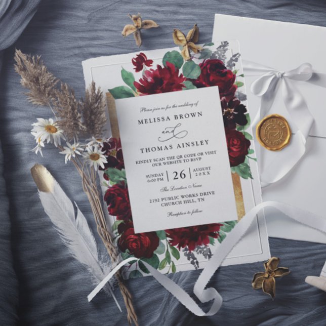 Invitation Mariage Code QR Chic Rustique Floral Rouge et Or  (Créateur téléchargé)