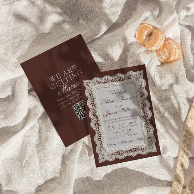 Invitation Mariage Code QR Chocolat Brun Dentelle Vieille For (Créateur téléchargé)